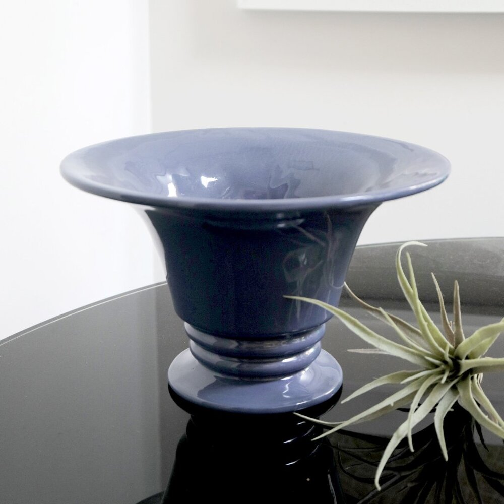 Vintage HAEGER 90s Storm Cloud Blue Pedestal Planter, Flared Wide Trumpet Style